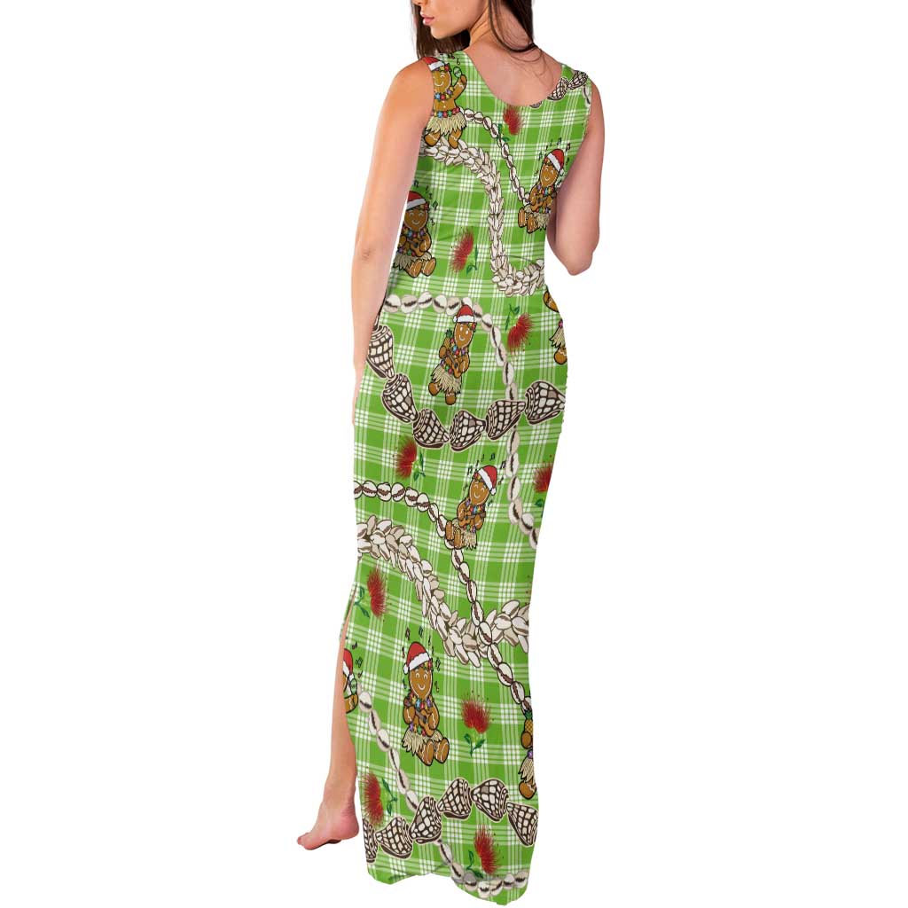 Green Palaka Hawaii Mele Kalikimaka Tank Maxi Dress Ohia Lehua Shell Leis Funny Gingerbread Santa - Polynesian Pride