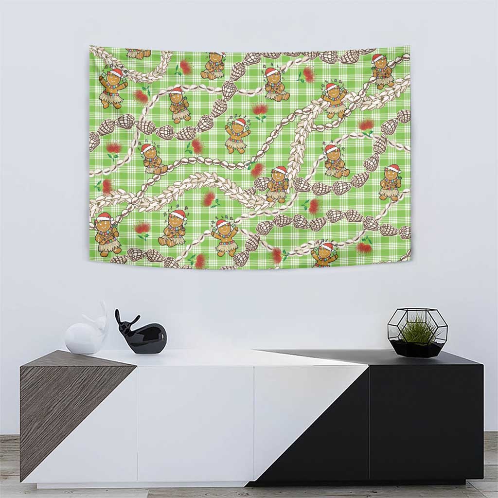 Green Palaka Hawaii Mele Kalikimaka Tapestry Ohia Lehua Shell Leis Funny Gingerbread Santa - Polynesian Pride