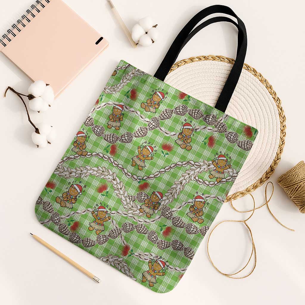 Green Palaka Hawaii Mele Kalikimaka Tote Bag Ohia Lehua Shell Leis Funny Gingerbread Santa - Polynesian Pride