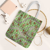 Green Palaka Hawaii Mele Kalikimaka Tote Bag Ohia Lehua Shell Leis Funny Gingerbread Santa - Polynesian Pride