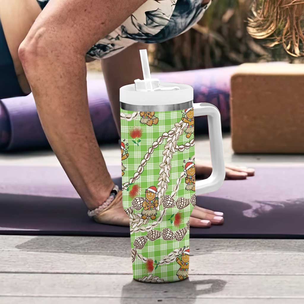 Green Palaka Hawaii Mele Kalikimaka Tumbler With Handle Ohia Lehua Shell Leis Funny Gingerbread Santa LT14 - Polynesian Pride