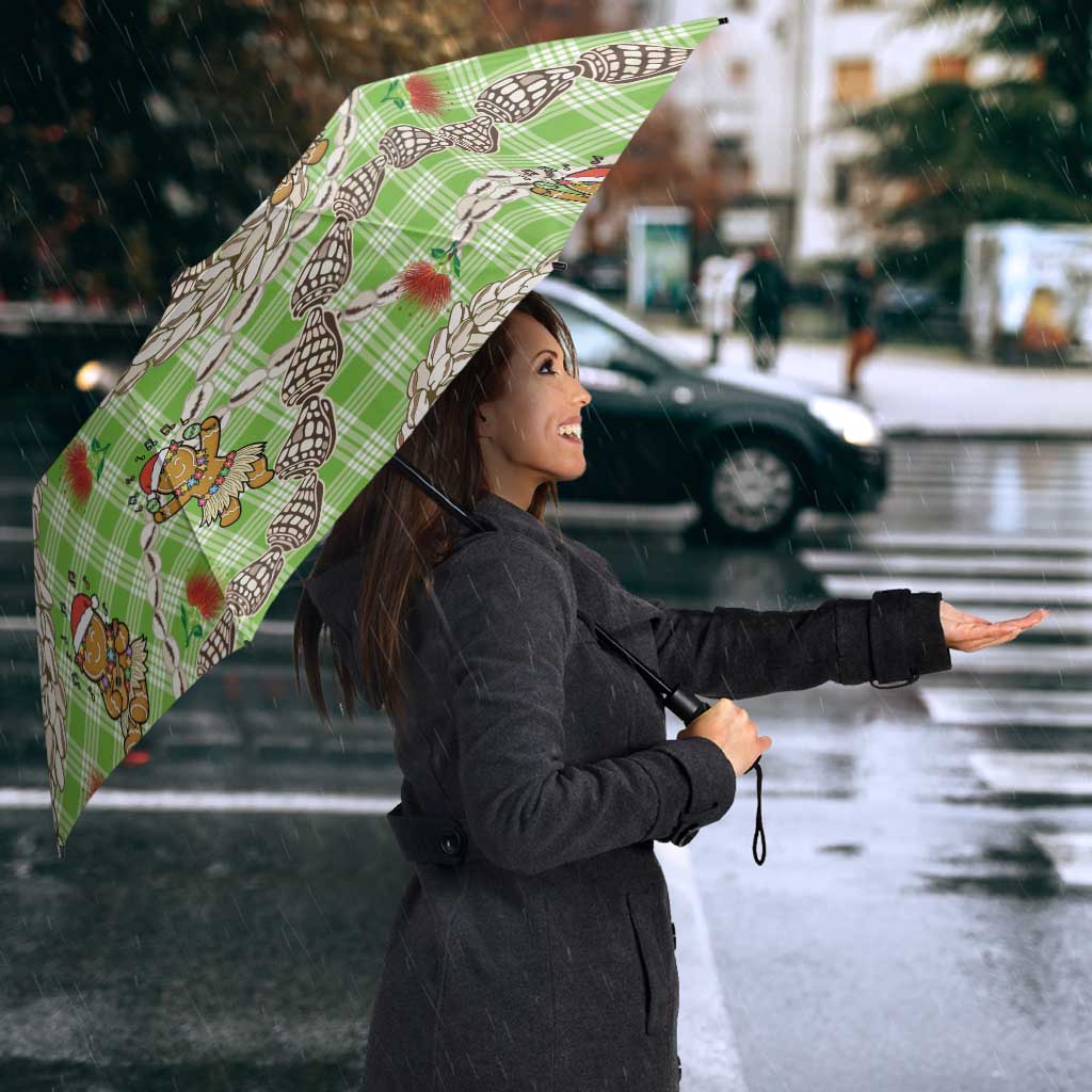 Green Palaka Hawaii Mele Kalikimaka Umbrella Ohia Lehua Shell Leis Funny Gingerbread Santa - Polynesian Pride