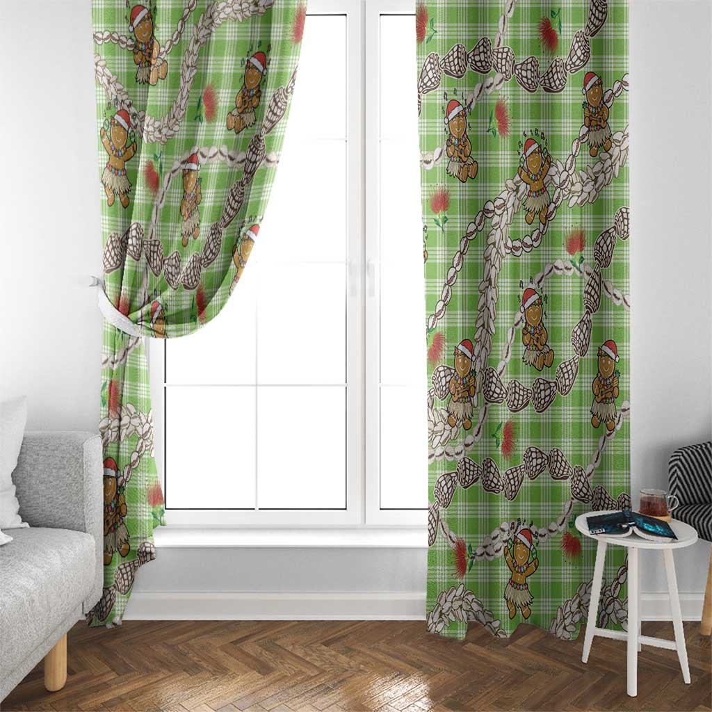 Green Palaka Hawaii Mele Kalikimaka Window Curtain Ohia Lehua Shell Leis Funny Gingerbread Santa - Polynesian Pride