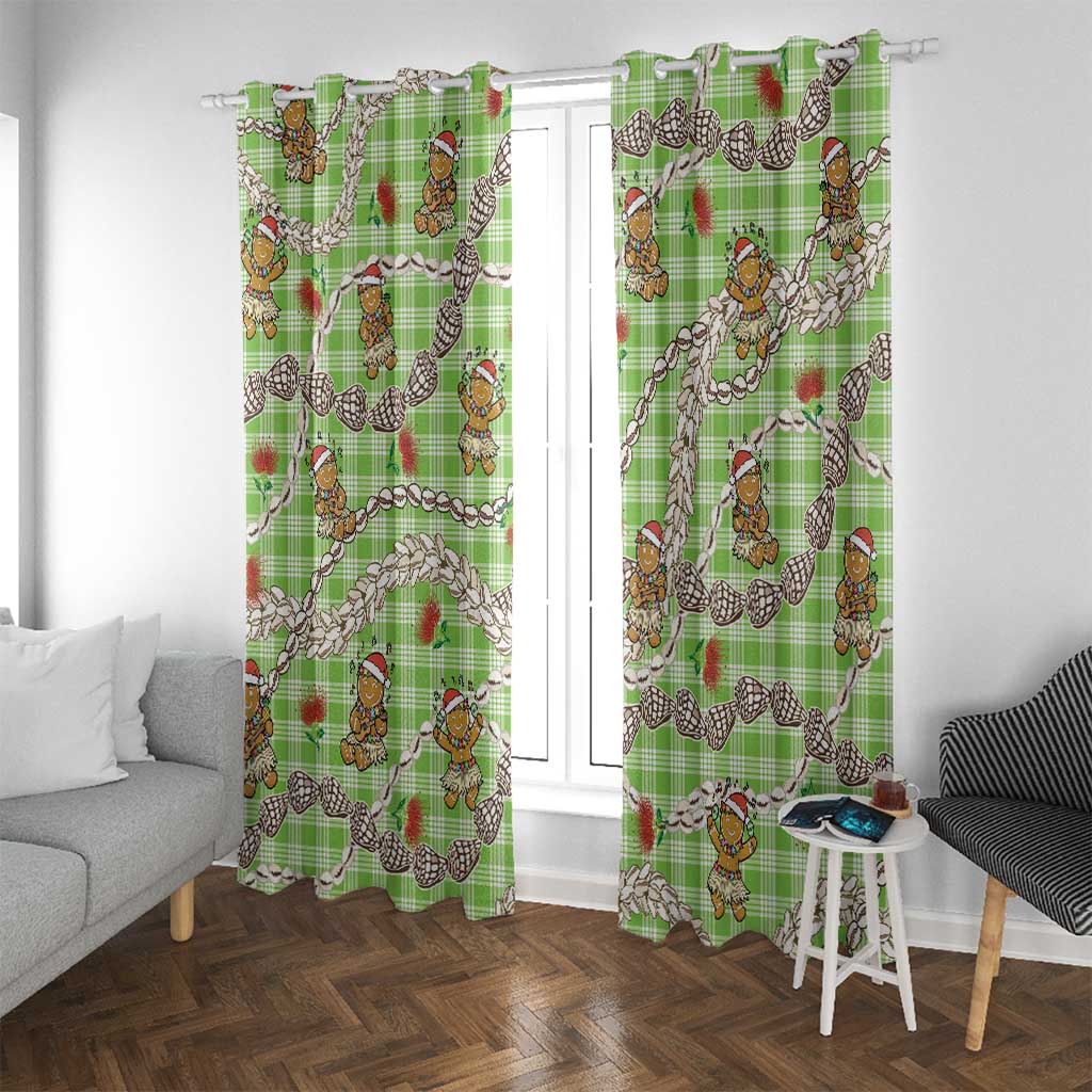 Green Palaka Hawaii Mele Kalikimaka Window Curtain Ohia Lehua Shell Leis Funny Gingerbread Santa - Polynesian Pride
