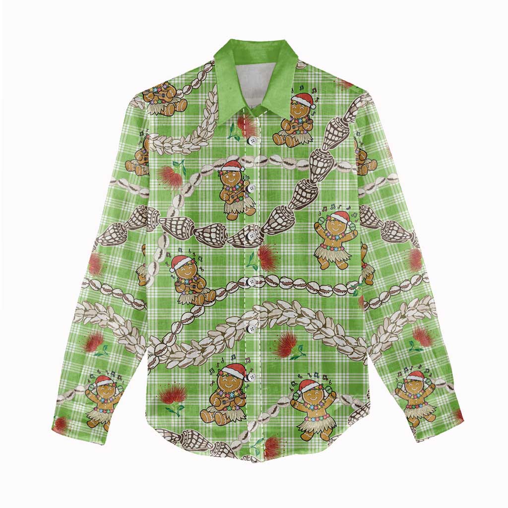 Green Palaka Hawaii Mele Kalikimaka Women Casual Shirt Ohia Lehua Shell Leis Funny Gingerbread Santa LT14 - Polynesian Pride