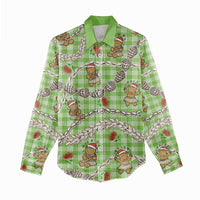 Green Palaka Hawaii Mele Kalikimaka Women Casual Shirt Ohia Lehua Shell Leis Funny Gingerbread Santa LT14 - Polynesian Pride