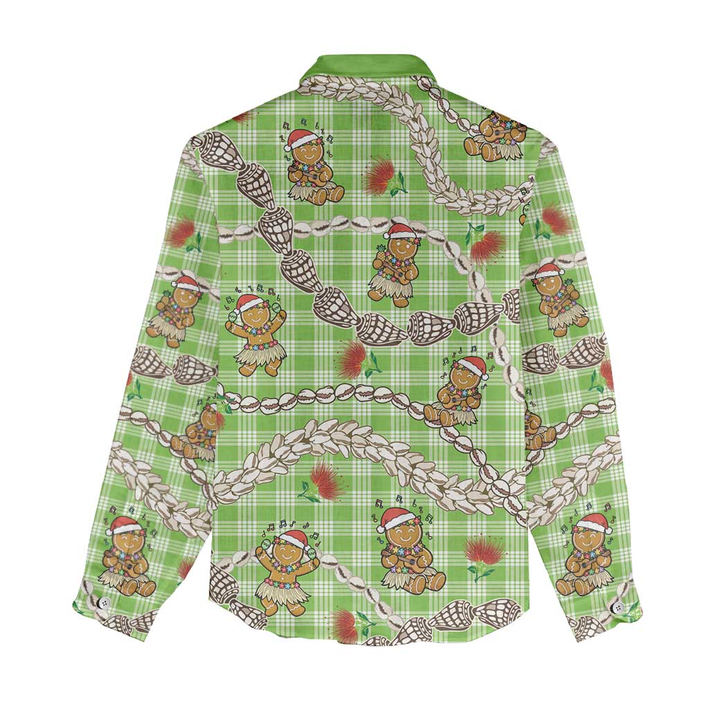 Green Palaka Hawaii Mele Kalikimaka Women Casual Shirt Ohia Lehua Shell Leis Funny Gingerbread Santa LT14 - Polynesian Pride