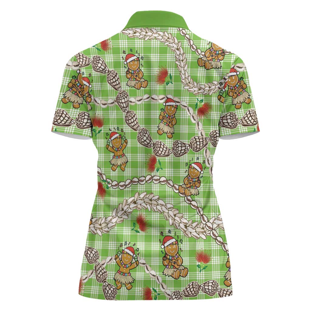Green Palaka Hawaii Mele Kalikimaka Women Polo Shirt Ohia Lehua Shell Leis Funny Gingerbread Santa LT14 - Polynesian Pride