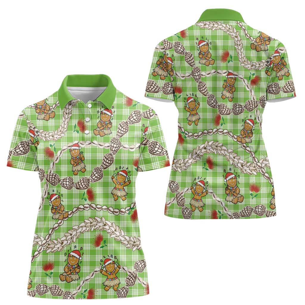 Green Palaka Hawaii Mele Kalikimaka Women Polo Shirt Ohia Lehua Shell Leis Funny Gingerbread Santa LT14 - Polynesian Pride