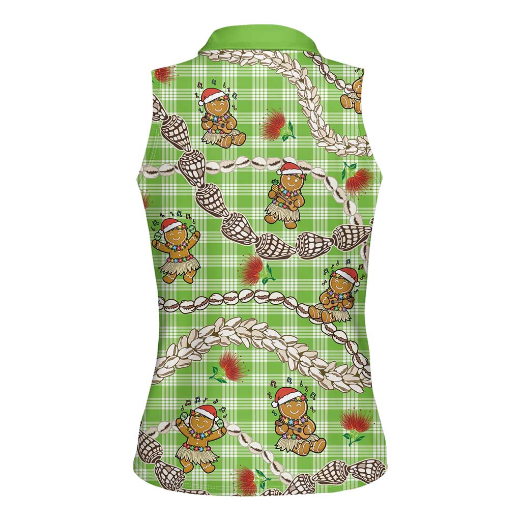 Green Palaka Hawaii Mele Kalikimaka Women Sleeveless Polo Shirt Ohia Lehua Shell Leis Funny Gingerbread Santa LT14 - Polynesian Pride