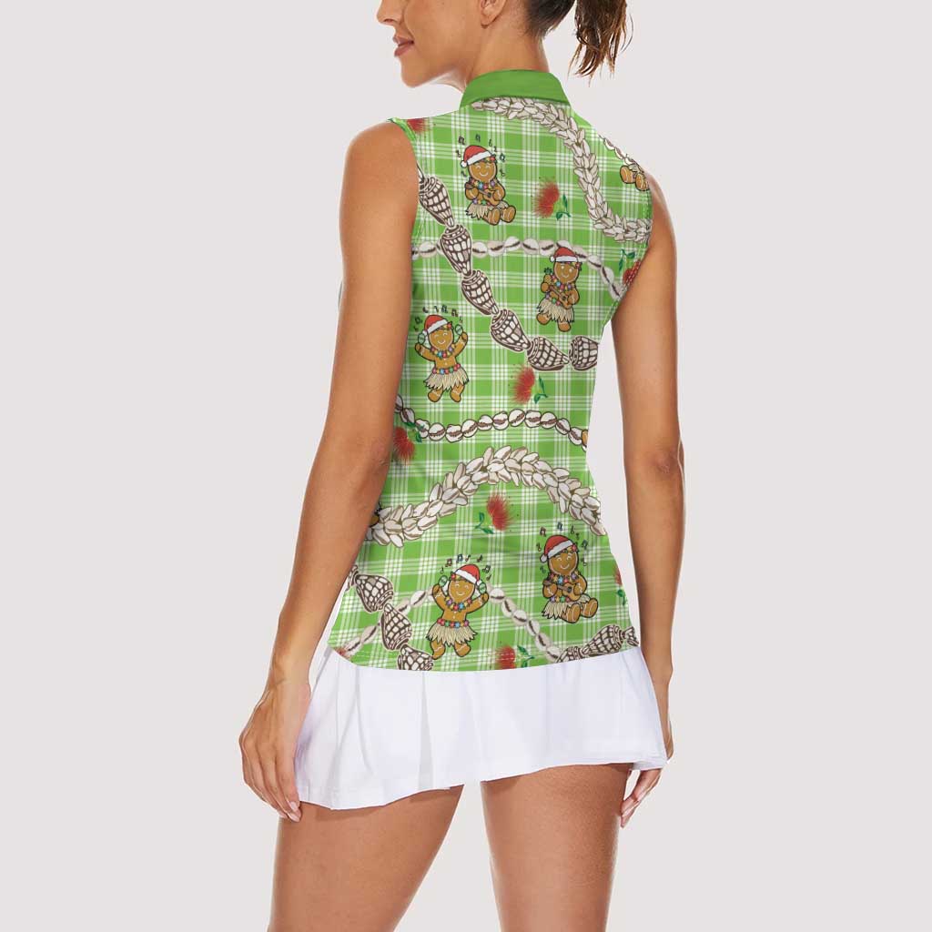 Green Palaka Hawaii Mele Kalikimaka Women Sleeveless Polo Shirt Ohia Lehua Shell Leis Funny Gingerbread Santa LT14 - Polynesian Pride
