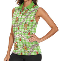 Green Palaka Hawaii Mele Kalikimaka Women Sleeveless Polo Shirt Ohia Lehua Shell Leis Funny Gingerbread Santa LT14 - Polynesian Pride
