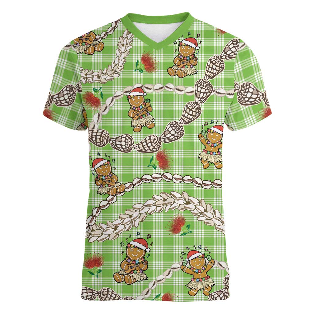 Green Palaka Hawaii Mele Kalikimaka Women V-Neck T-Shirt Ohia Lehua Shell Leis Funny Gingerbread Santa - Polynesian Pride