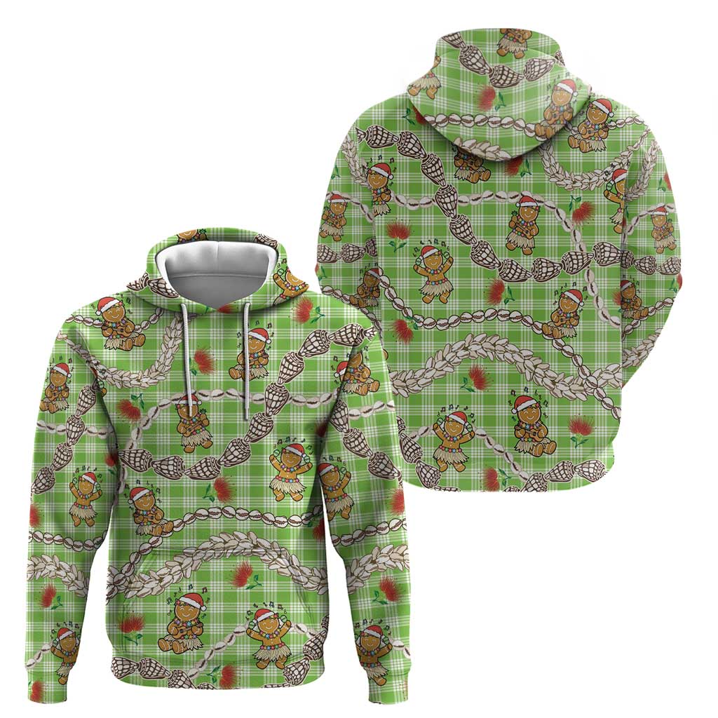 Green Palaka Hawaii Mele Kalikimaka Zip Hoodie Ohia Lehua Shell Leis Funny Gingerbread Santa - Polynesian Pride