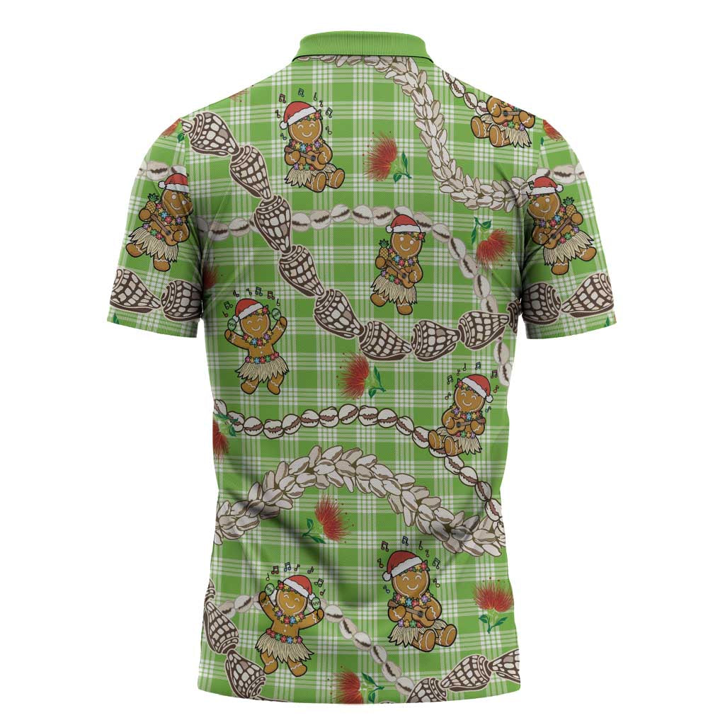 Green Palaka Hawaii Mele Kalikimaka Zipper Polo Shirt Ohia Lehua Shell Leis Funny Gingerbread Santa - Polynesian Pride