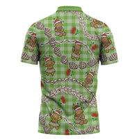 Green Palaka Hawaii Mele Kalikimaka Zipper Polo Shirt Ohia Lehua Shell Leis Funny Gingerbread Santa - Polynesian Pride