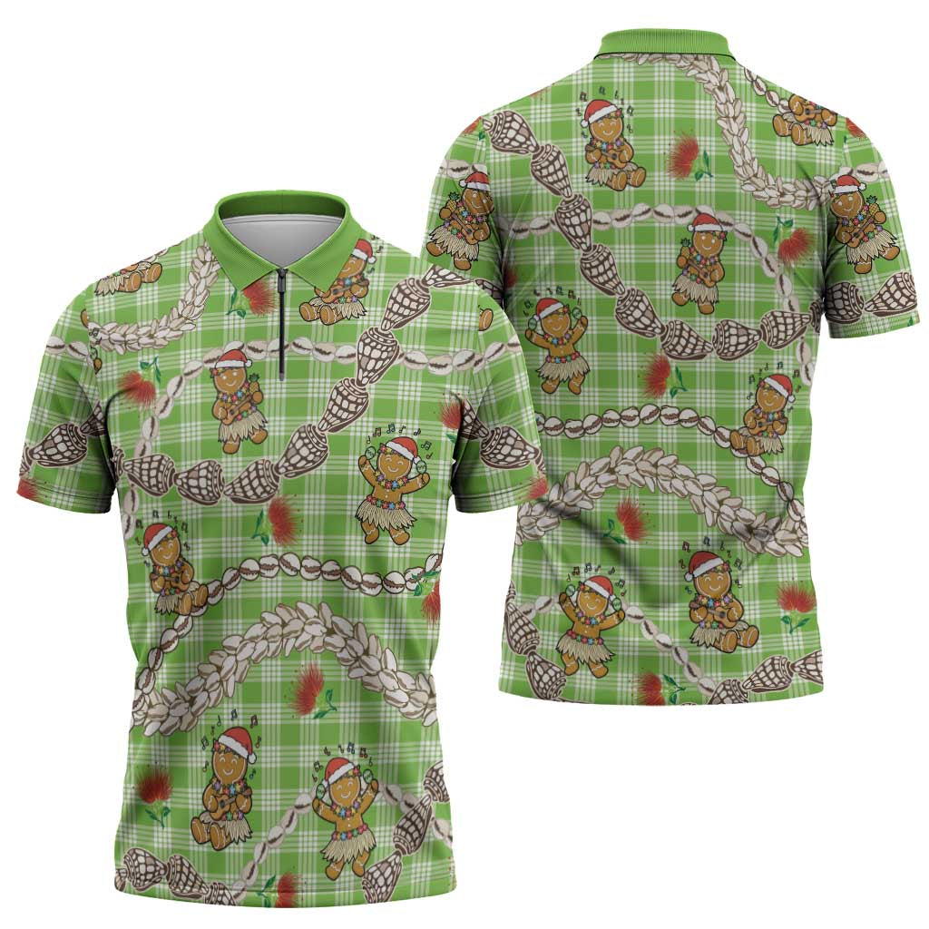 Green Palaka Hawaii Mele Kalikimaka Zipper Polo Shirt Ohia Lehua Shell Leis Funny Gingerbread Santa - Polynesian Pride