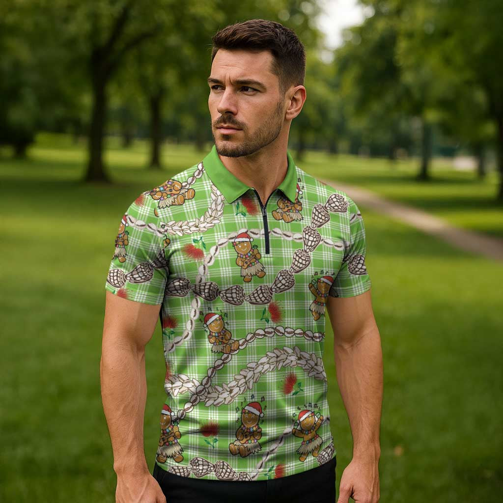 Green Palaka Hawaii Mele Kalikimaka Zipper Polo Shirt Ohia Lehua Shell Leis Funny Gingerbread Santa - Polynesian Pride