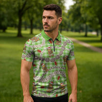 Green Palaka Hawaii Mele Kalikimaka Zipper Polo Shirt Ohia Lehua Shell Leis Funny Gingerbread Santa - Polynesian Pride