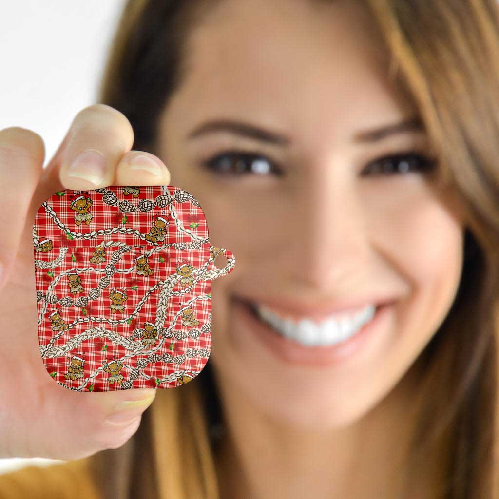 Red Palaka Hawaii Mele Kalikimaka AirPods Case Ohia Lehua Shell Leis Funny Gingerbread Santa - Polynesian Pride