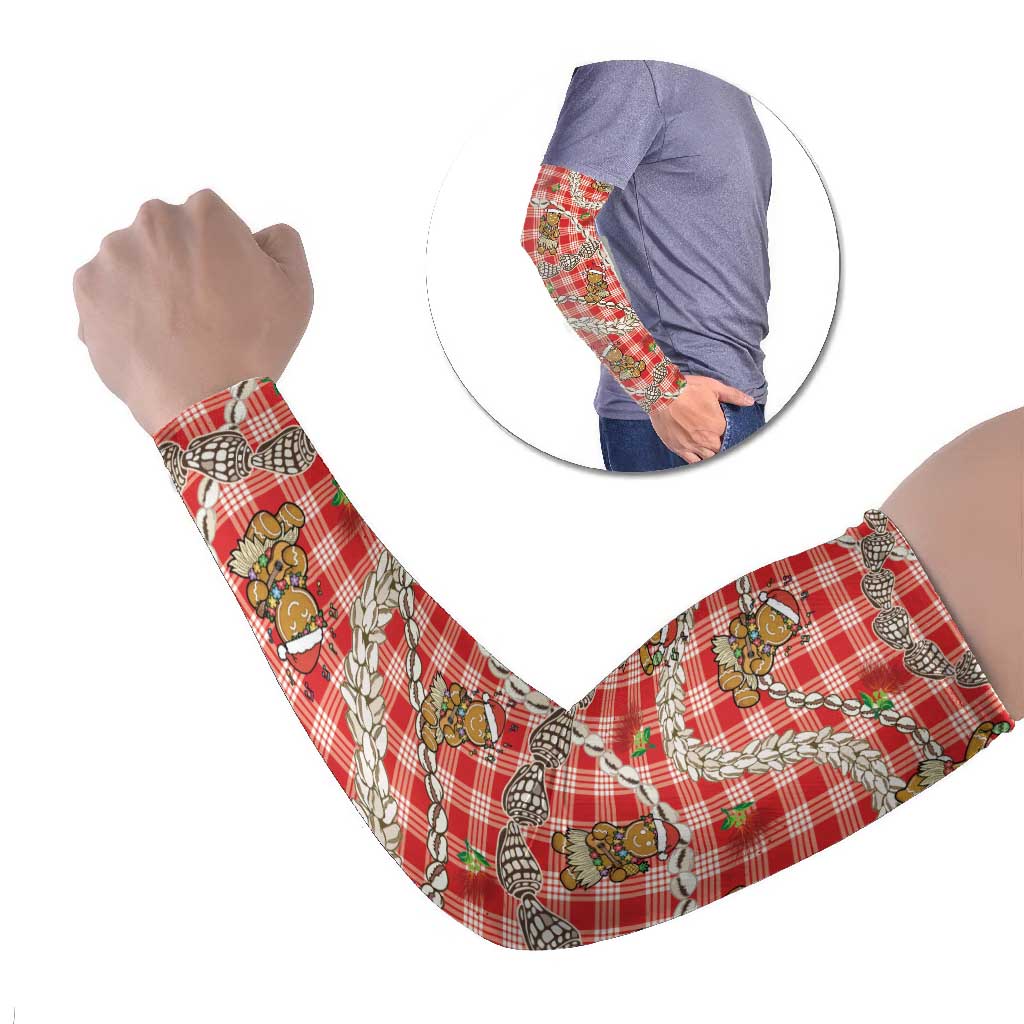 Red Palaka Hawaii Mele Kalikimaka Arm Sleeves Ohia Lehua Shell Leis Funny Gingerbread Santa - Polynesian Pride