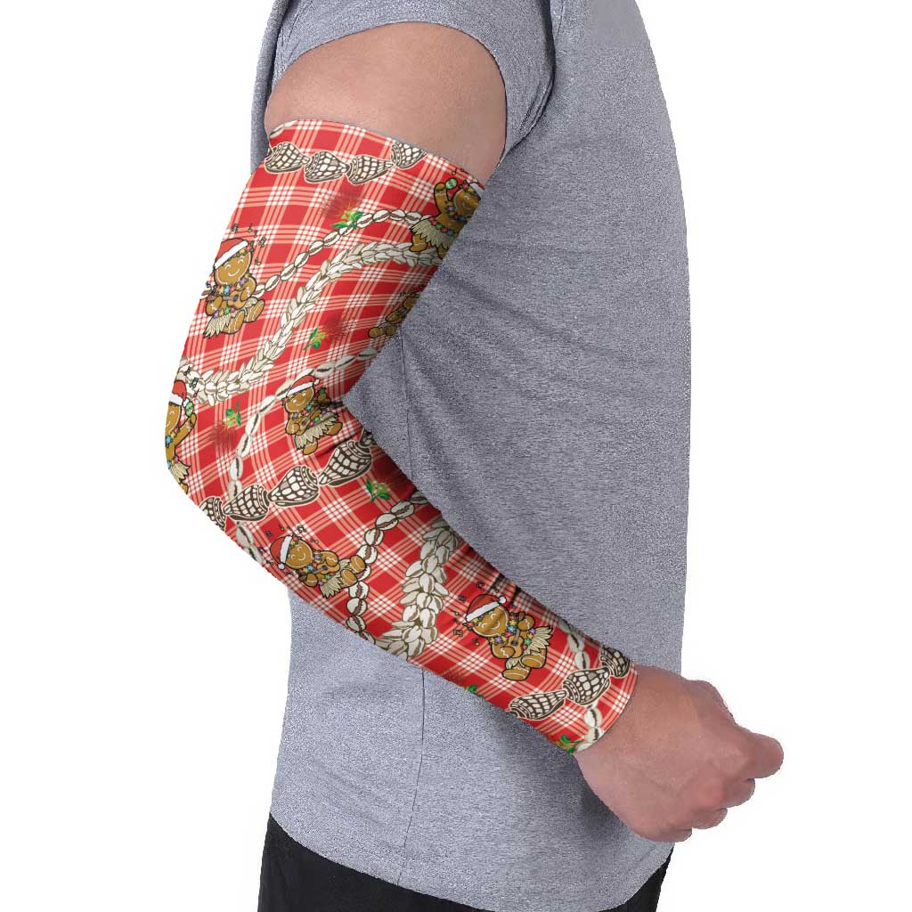 Red Palaka Hawaii Mele Kalikimaka Arm Sleeves Ohia Lehua Shell Leis Funny Gingerbread Santa - Polynesian Pride