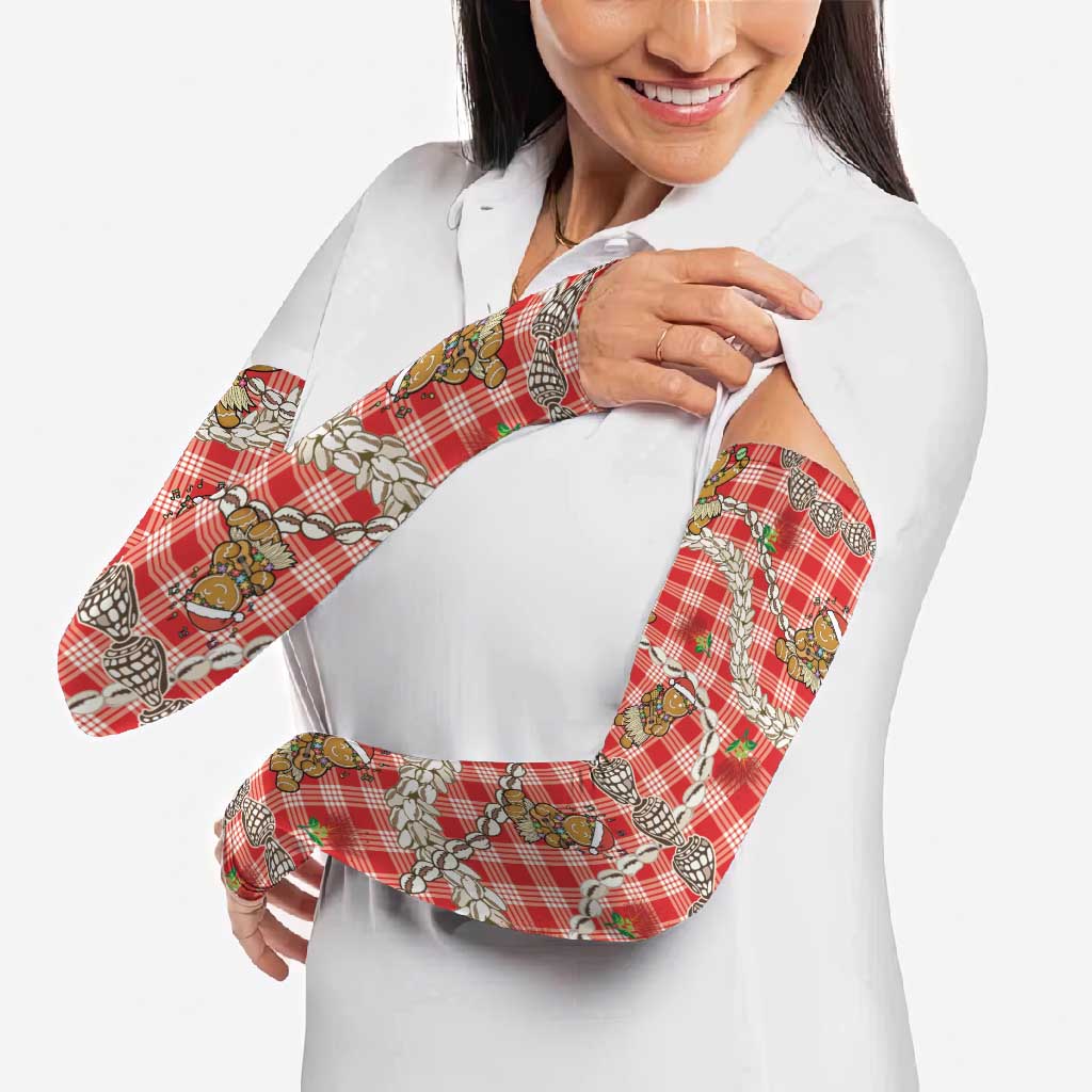 Red Palaka Hawaii Mele Kalikimaka Arm Sleeves Ohia Lehua Shell Leis Funny Gingerbread Santa - Polynesian Pride