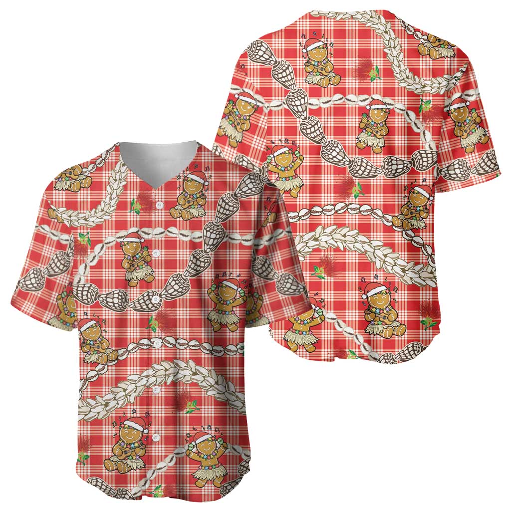 Red Palaka Hawaii Mele Kalikimaka Baseball Jersey Ohia Lehua Shell Leis Funny Gingerbread Santa - Polynesian Pride