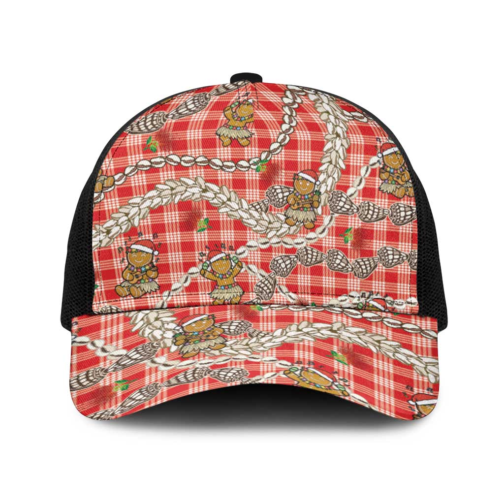 Red Palaka Hawaii Mele Kalikimaka Baseball Net Cap Ohia Lehua Shell Leis Funny Gingerbread Santa - Polynesian Pride