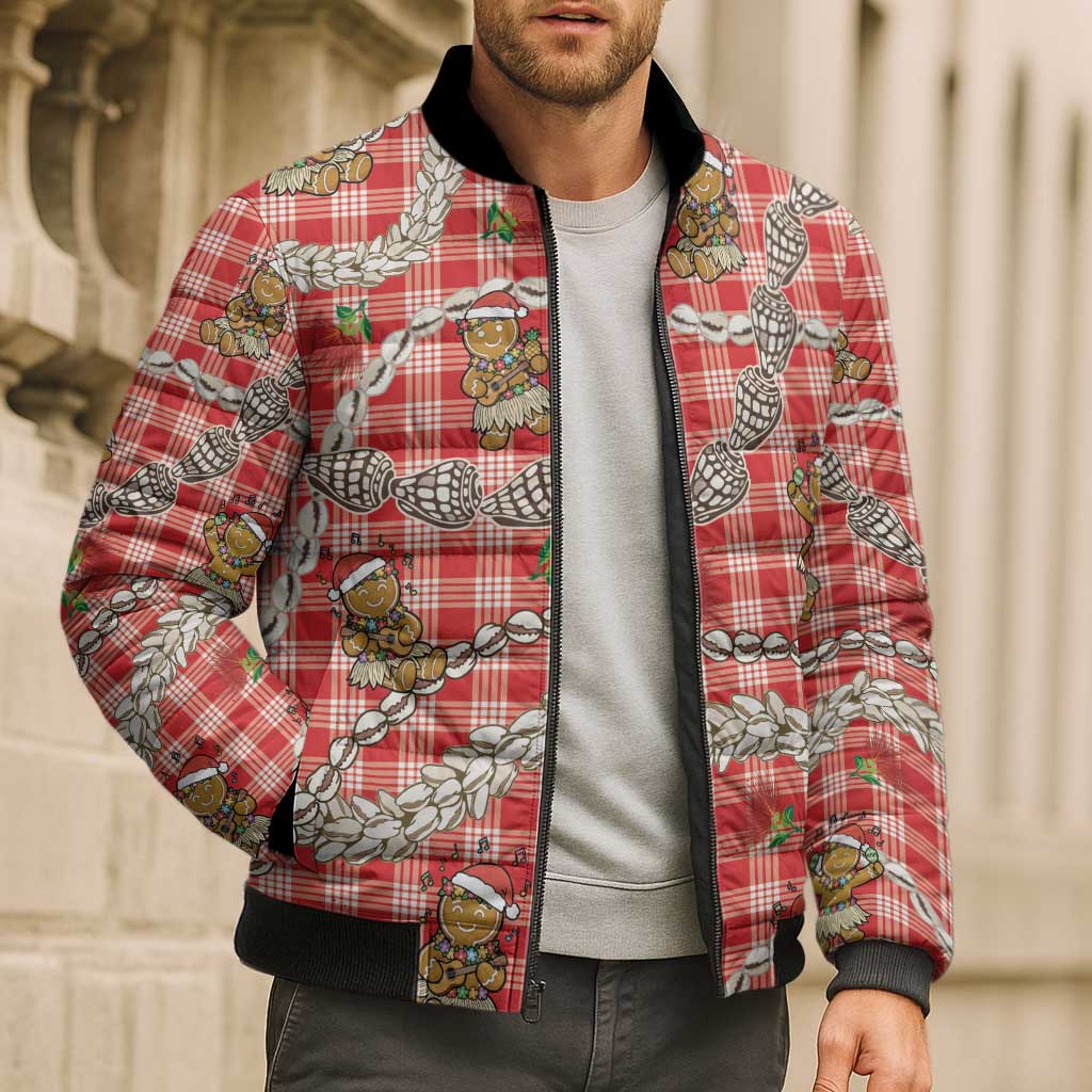 Red Palaka Hawaii Mele Kalikimaka Bomber Puffer Jacket Ohia Lehua Shell Leis Funny Gingerbread Santa - Polynesian Pride