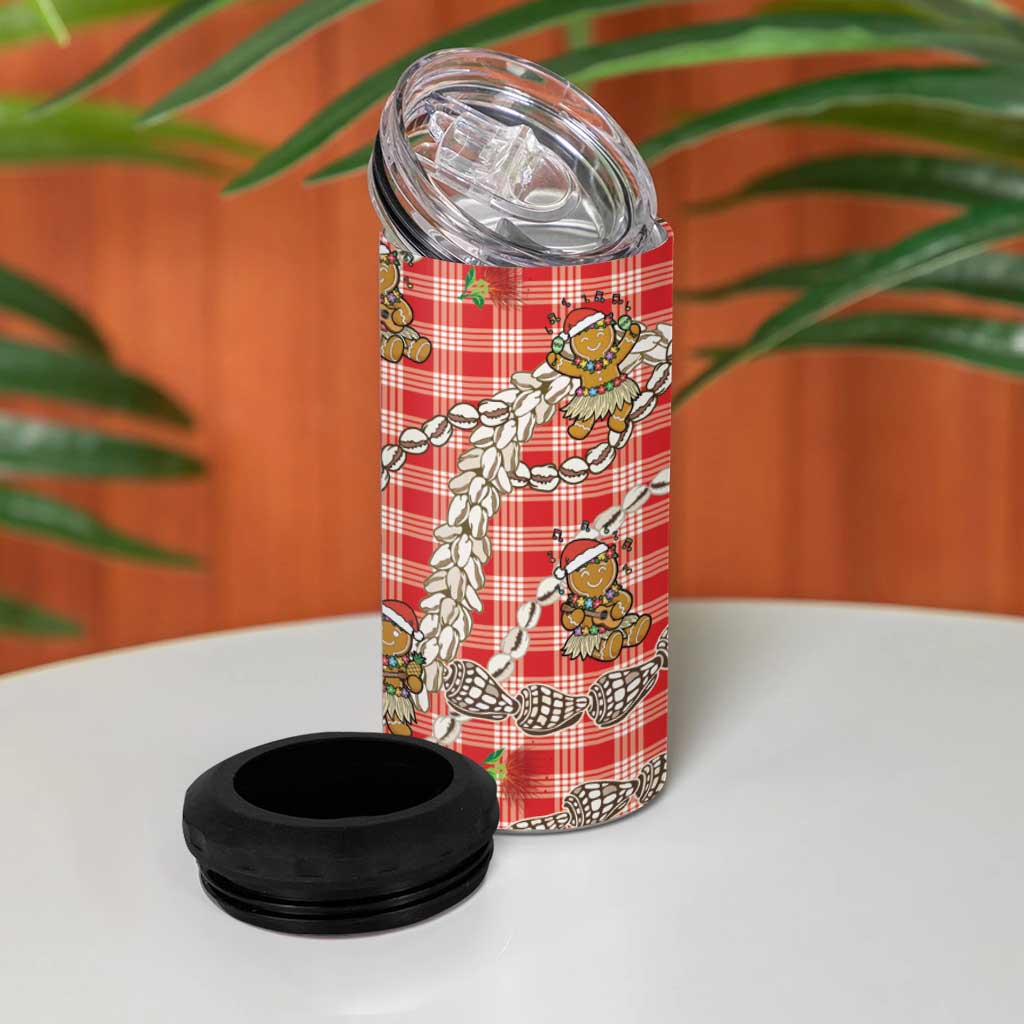 Red Palaka Hawaii Mele Kalikimaka 4 in 1 Can Cooler Tumbler Ohia Lehua Shell Leis Funny Gingerbread Santa - Polynesian Pride