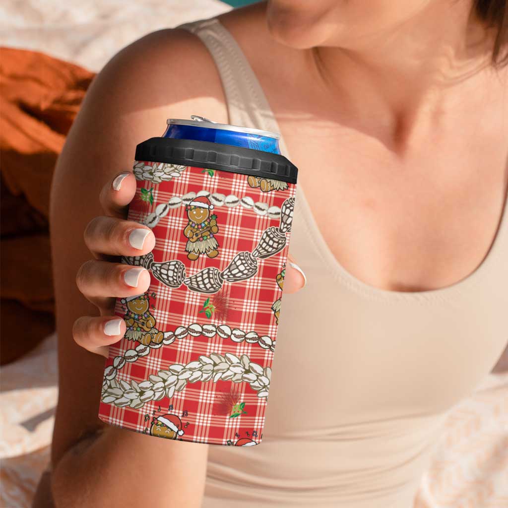 Red Palaka Hawaii Mele Kalikimaka 4 in 1 Can Cooler Tumbler Ohia Lehua Shell Leis Funny Gingerbread Santa - Polynesian Pride
