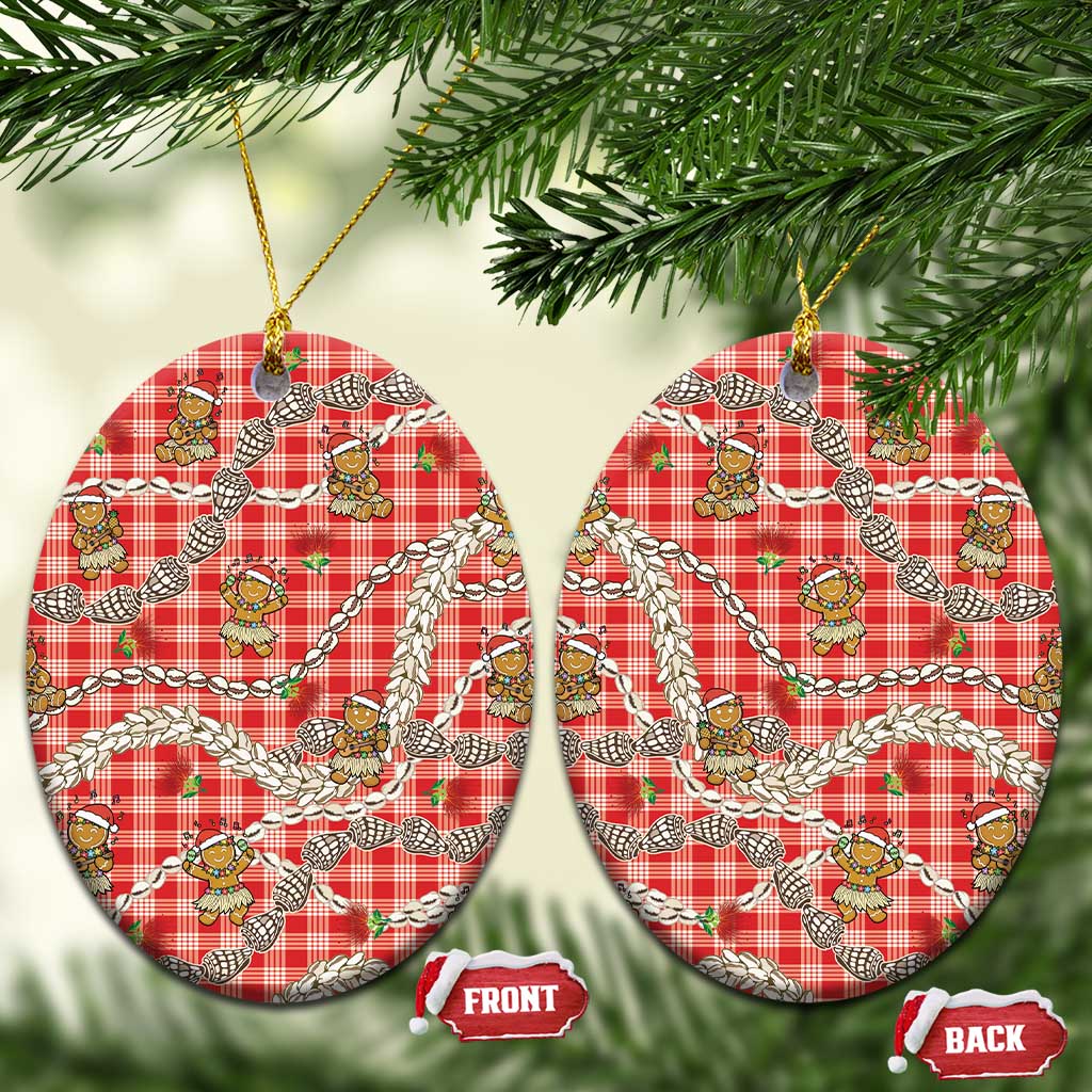 Red Palaka Hawaii Mele Kalikimaka Ceramic Ornament Ohia Lehua Shell Leis Funny Gingerbread Santa - Polynesian Pride