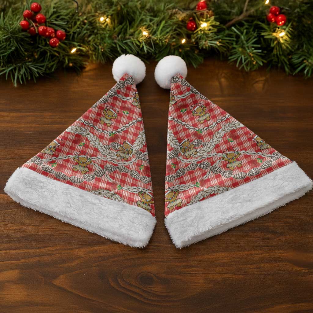 Red Palaka Hawaii Mele Kalikimaka Christmas Santa Hat Ohia Lehua Shell Leis Funny Gingerbread Santa - Polynesian Pride