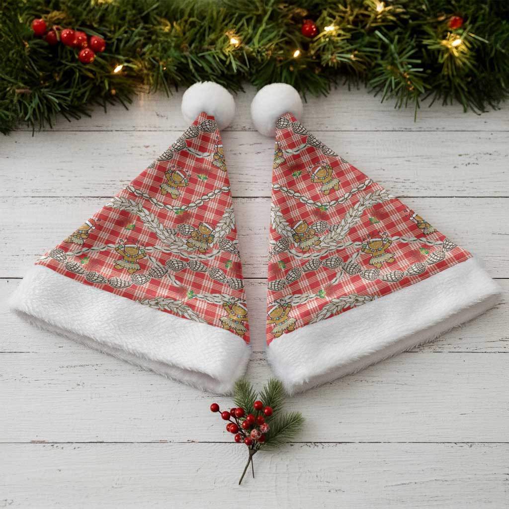 Red Palaka Hawaii Mele Kalikimaka Christmas Santa Hat Ohia Lehua Shell Leis Funny Gingerbread Santa - Polynesian Pride