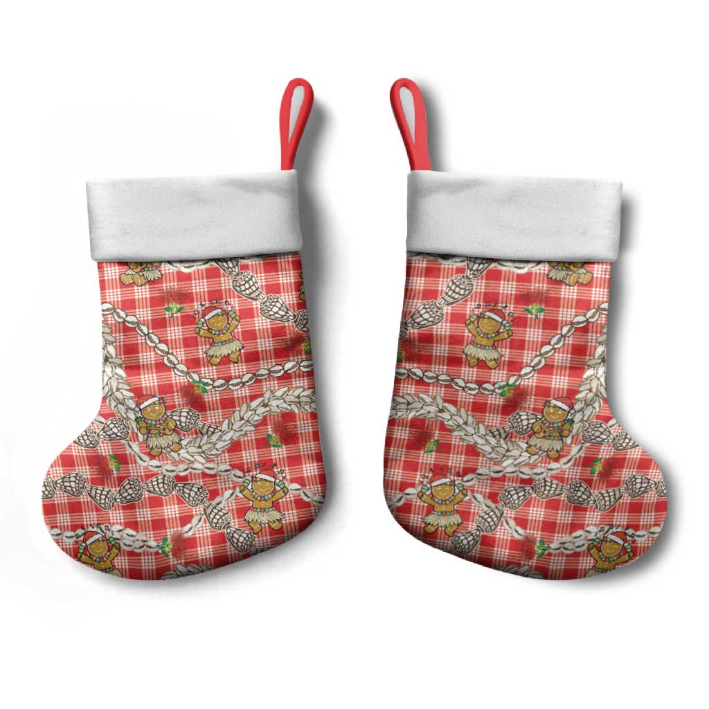 Red Palaka Hawaii Mele Kalikimaka Christmas Stocking Ohia Lehua Shell Leis Funny Gingerbread Santa - Polynesian Pride