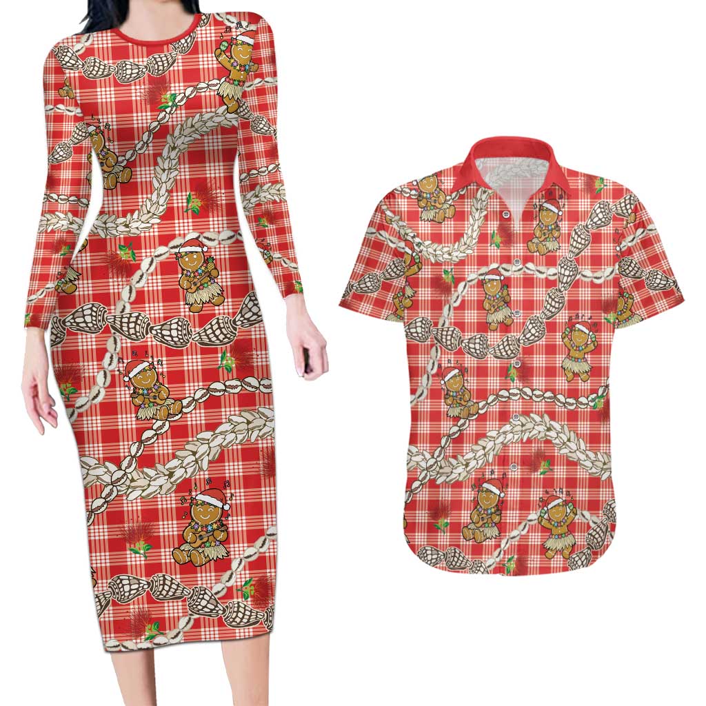 Red Palaka Hawaii Mele Kalikimaka Couples Matching Long Sleeve Bodycon Dress and Hawaiian Shirt Ohia Lehua Shell Leis Funny Gingerbread Santa - Polynesian Pride