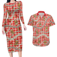 Red Palaka Hawaii Mele Kalikimaka Couples Matching Long Sleeve Bodycon Dress and Hawaiian Shirt Ohia Lehua Shell Leis Funny Gingerbread Santa LT14 Red - Polynesian Pride