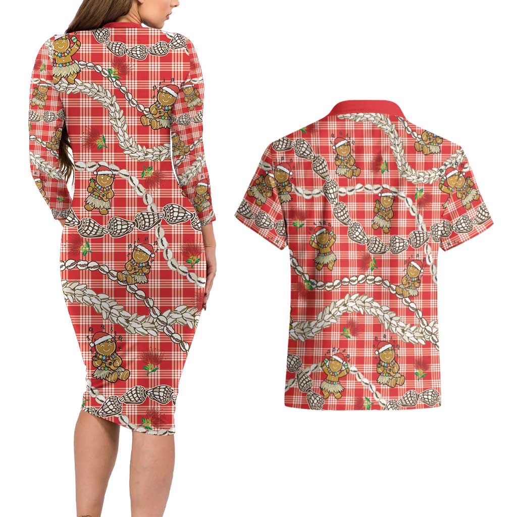 Red Palaka Hawaii Mele Kalikimaka Couples Matching Long Sleeve Bodycon Dress and Hawaiian Shirt Ohia Lehua Shell Leis Funny Gingerbread Santa LT14 - Polynesian Pride
