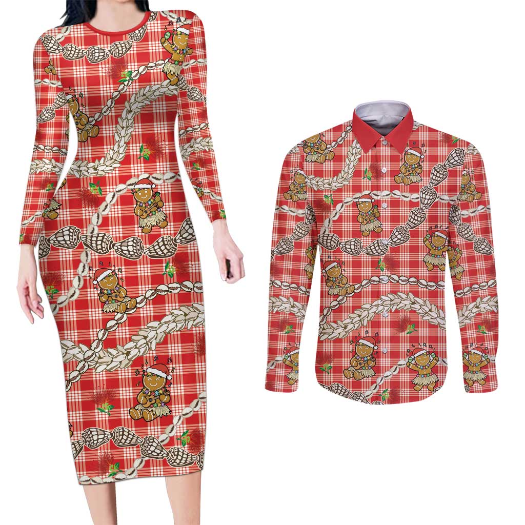 Red Palaka Hawaii Mele Kalikimaka Couples Matching Long Sleeve Bodycon Dress and Long Sleeve Button Shirt Ohia Lehua Shell Leis Funny Gingerbread Santa - Polynesian Pride