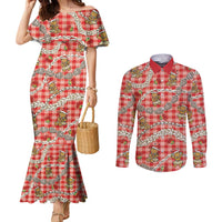 Red Palaka Hawaii Mele Kalikimaka Couples Matching Mermaid Dress and Long Sleeve Button Shirt Ohia Lehua Shell Leis Funny Gingerbread Santa LT14 Red - Polynesian Pride
