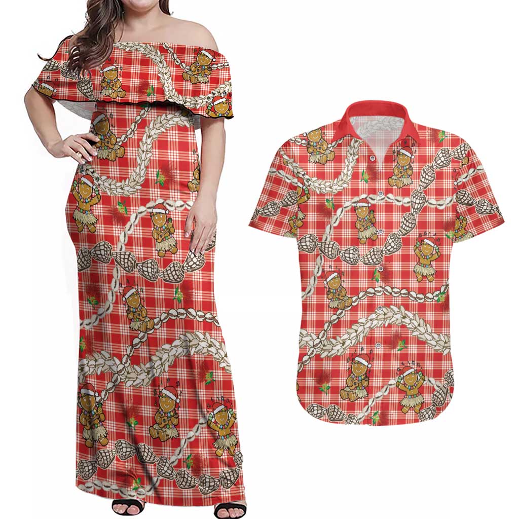 Red Palaka Hawaii Mele Kalikimaka Couples Matching Off Shoulder Maxi Dress and Hawaiian Shirt Ohia Lehua Shell Leis Funny Gingerbread Santa - Polynesian Pride