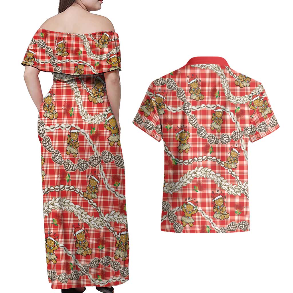 Red Palaka Hawaii Mele Kalikimaka Couples Matching Off Shoulder Maxi Dress and Hawaiian Shirt Ohia Lehua Shell Leis Funny Gingerbread Santa LT14 - Polynesian Pride