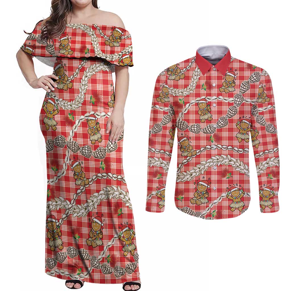 Red Palaka Hawaii Mele Kalikimaka Couples Matching Off Shoulder Maxi Dress and Long Sleeve Button Shirt Ohia Lehua Shell Leis Funny Gingerbread Santa - Polynesian Pride