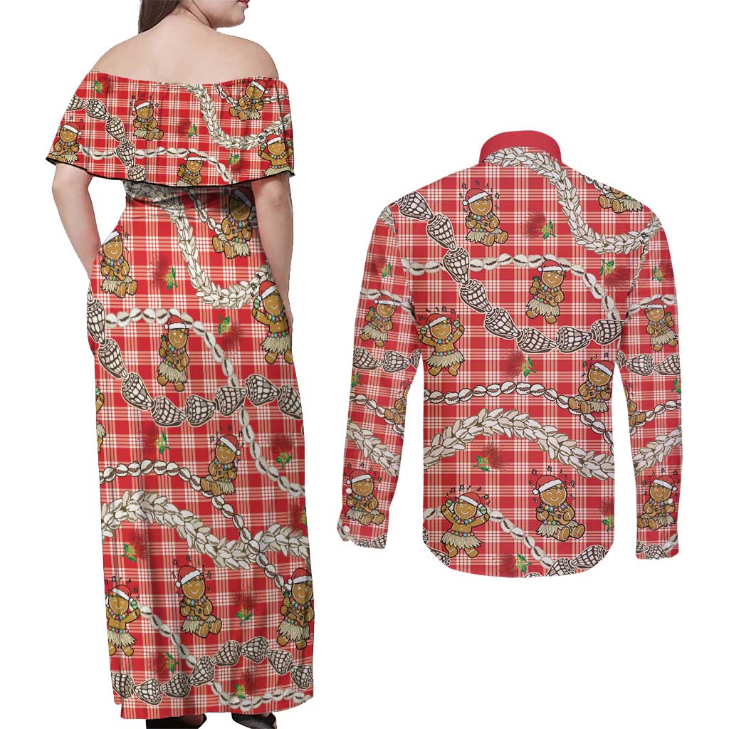 Red Palaka Hawaii Mele Kalikimaka Couples Matching Off Shoulder Maxi Dress and Long Sleeve Button Shirt Ohia Lehua Shell Leis Funny Gingerbread Santa - Polynesian Pride