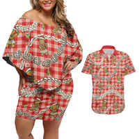 Red Palaka Hawaii Mele Kalikimaka Couples Matching Off Shoulder Short Dress and Hawaiian Shirt Ohia Lehua Shell Leis Funny Gingerbread Santa LT14 Red - Polynesian Pride