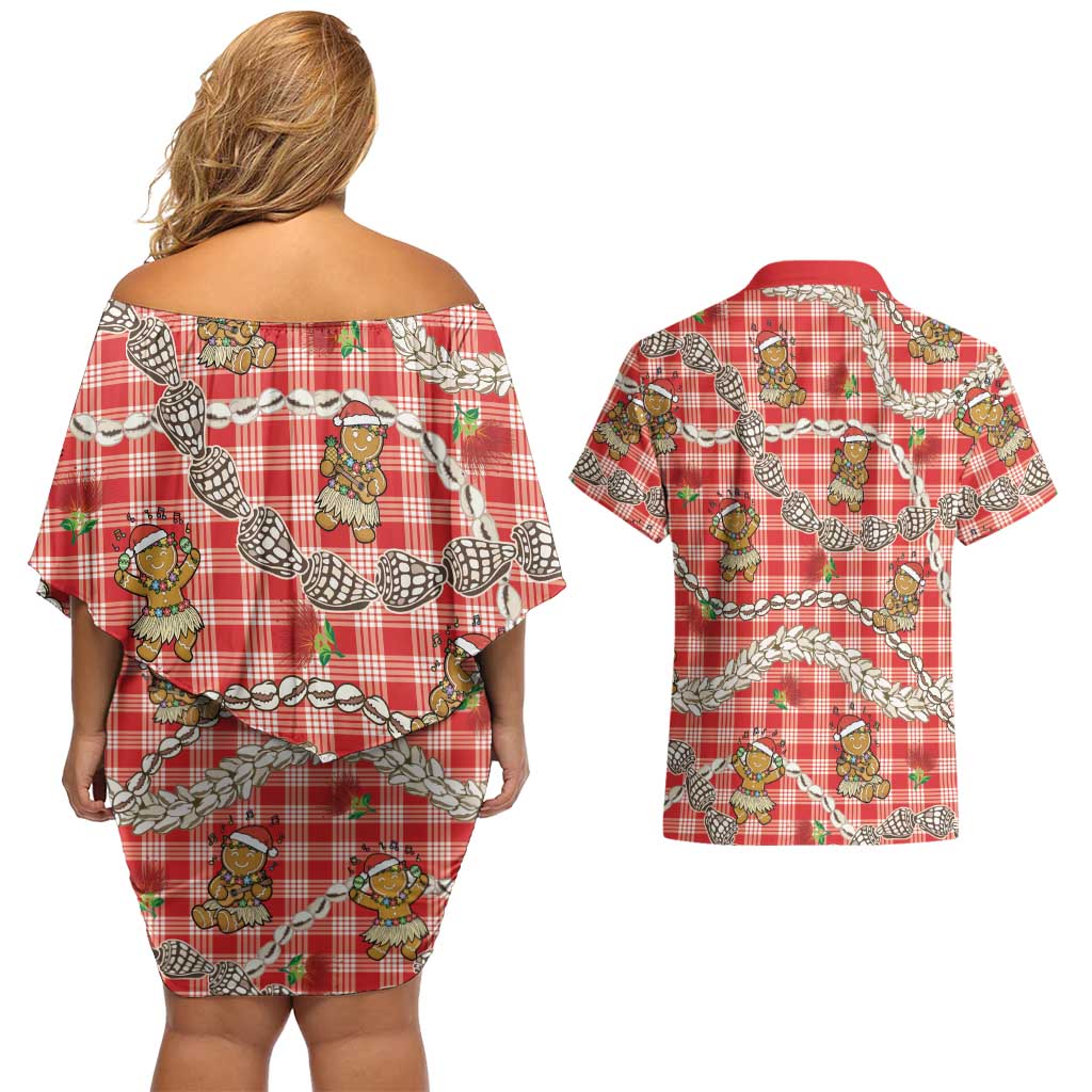 Red Palaka Hawaii Mele Kalikimaka Couples Matching Off Shoulder Short Dress and Hawaiian Shirt Ohia Lehua Shell Leis Funny Gingerbread Santa LT14 - Polynesian Pride
