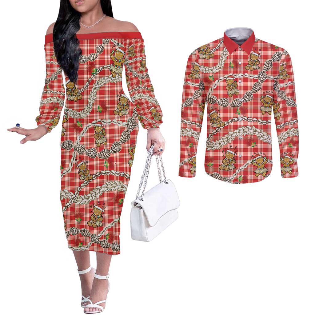 Red Palaka Hawaii Mele Kalikimaka Couples Matching Off The Shoulder Long Sleeve Dress and Long Sleeve Button Shirt Ohia Lehua Shell Leis Funny Gingerbread Santa LT14 Red - Polynesian Pride