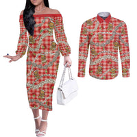 Red Palaka Hawaii Mele Kalikimaka Couples Matching Off The Shoulder Long Sleeve Dress and Long Sleeve Button Shirt Ohia Lehua Shell Leis Funny Gingerbread Santa LT14 Red - Polynesian Pride
