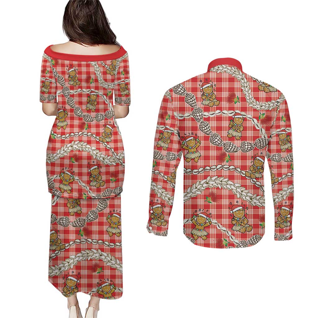 Red Palaka Hawaii Mele Kalikimaka Couples Matching Puletasi and Long Sleeve Button Shirt Ohia Lehua Shell Leis Funny Gingerbread Santa - Polynesian Pride